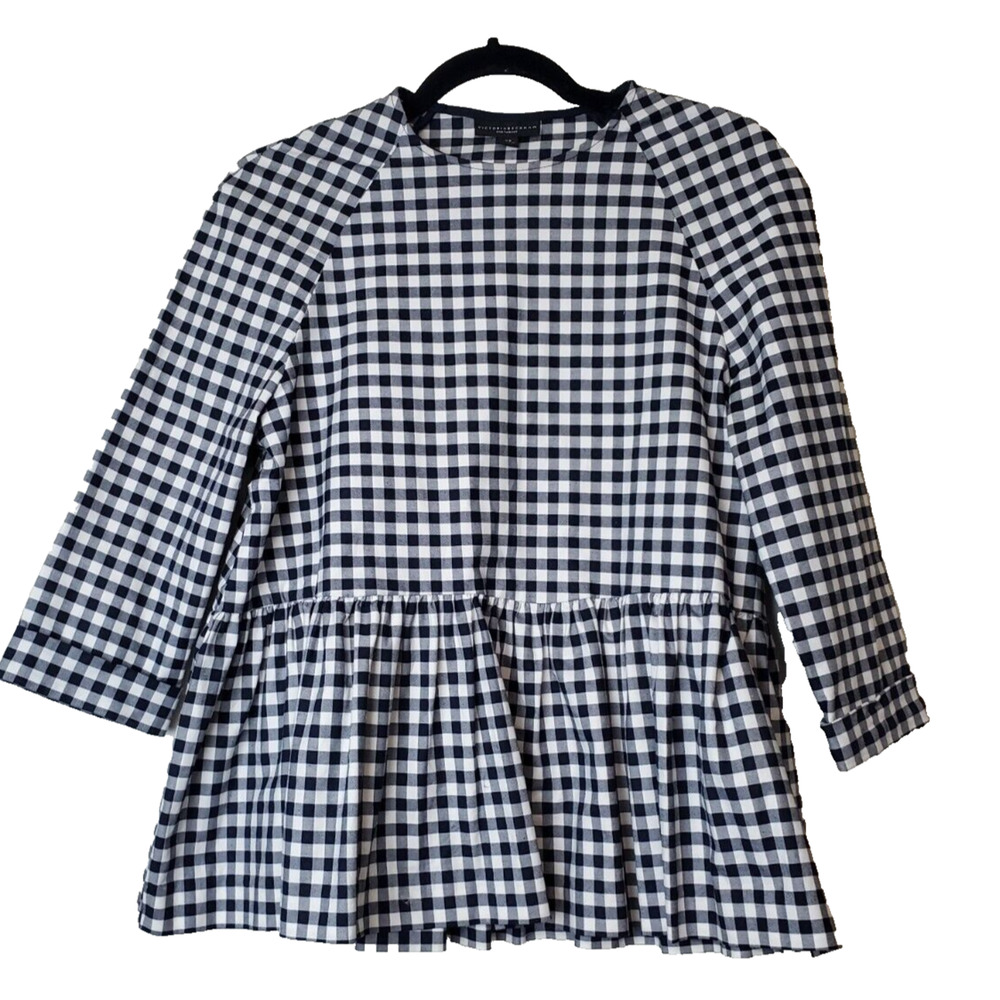 Victoria Beckham For Target Xs Top Peplum Gingham Blue & White Women Pleated